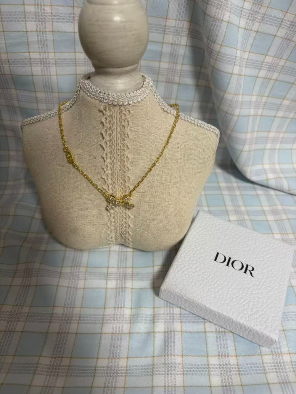 Dior Gold Tone Crystal Bow Pendant Necklace